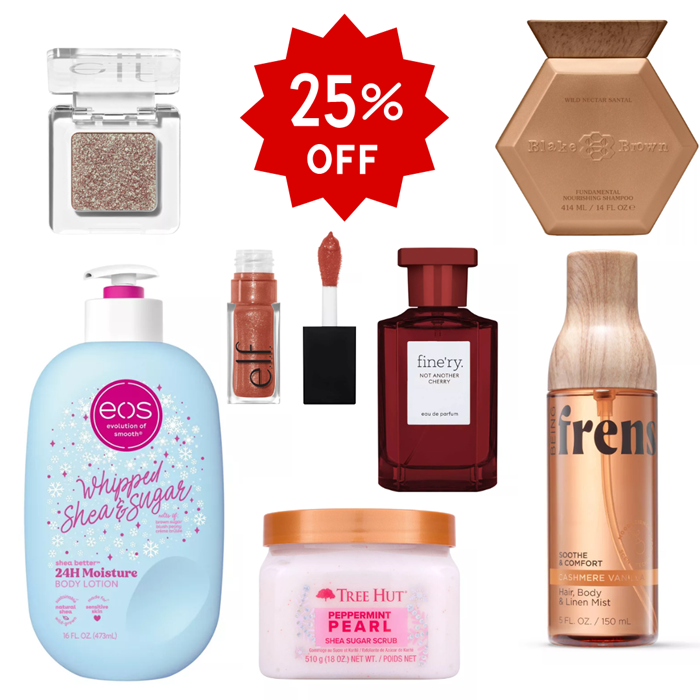 25% Off E.L.F., Fine’ry, Tree Hut, EOS Holiday Lotions, and More